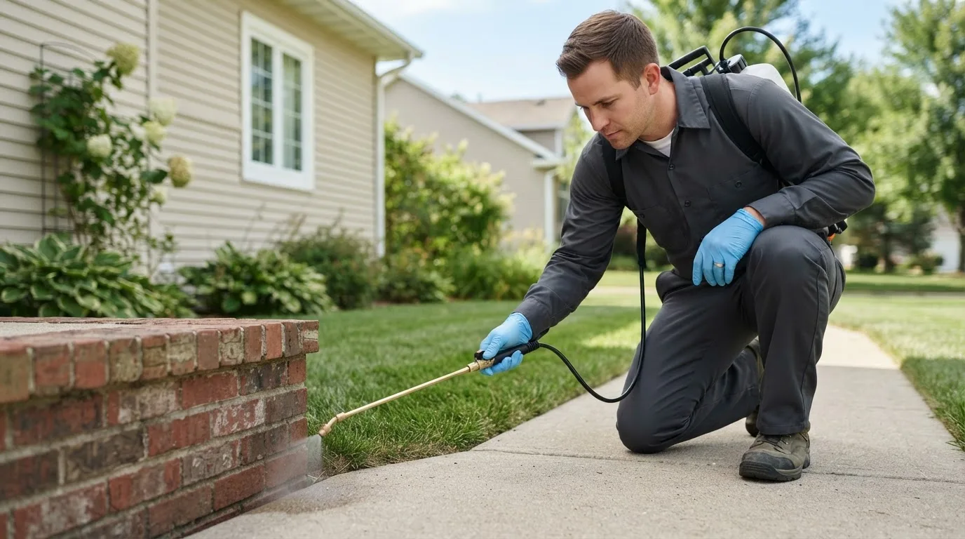 Pest control technician treating a home near Jeffersonville, OH