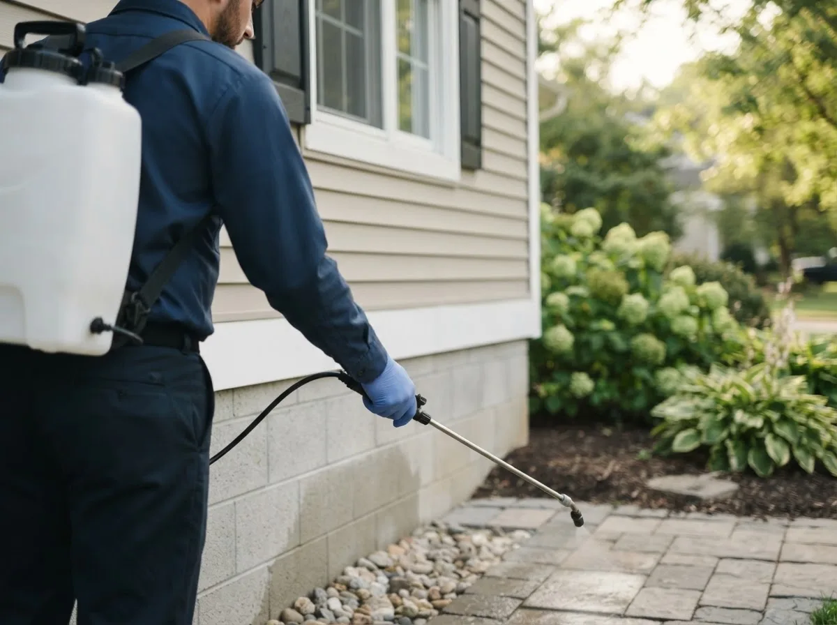 Pest control technician inspecting a home in Jeffersonville, OH